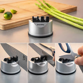 3-Stage Kitchen Knife and Scissors Sharpener – Professional Tungsten Carbide & Ceramic Sharpening Tool for Straight and Serrated Blades, Safe Suction Base, Compact Silver